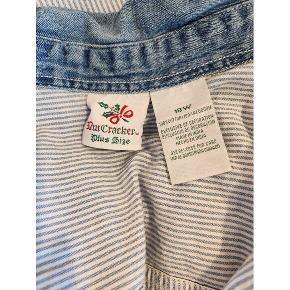 Vintage 90s Christmas Button Up Shirt 18W Denim Pin Stripe Blue Embroidered - Picture 6 of 6